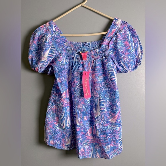 Lilly Pulitzer Tops - Lilly Pulitzer NWT Linen Sz 2 Keating Top Oca Blue Its a Sailabration 15" PTP